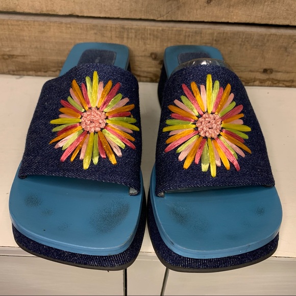 VINTAGE Nine West Y2K Denim Square Toe Embroidered Platform Slides Size 7.5 - Picture 3 of 12
